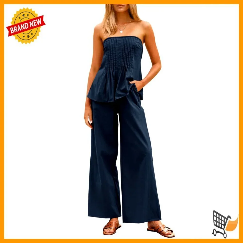 Large Cotton Lounge Set Strapless Tube Top Wide Leg Pants Matching Outfit